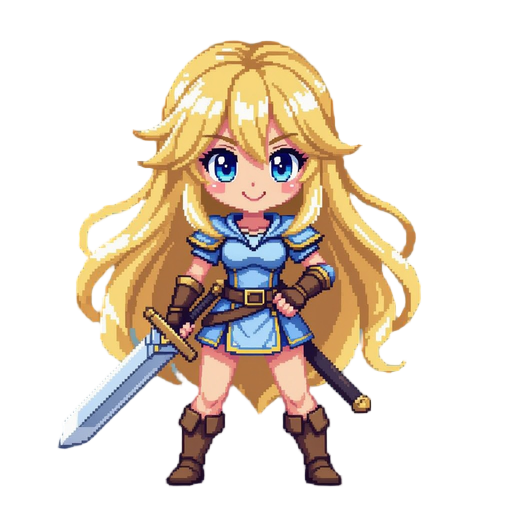 a pixelated digital illustration in 16-bit retro video game style of a blonde anime girl with long hair and blue eyes. she is holding a regular sword and smiling confidently.