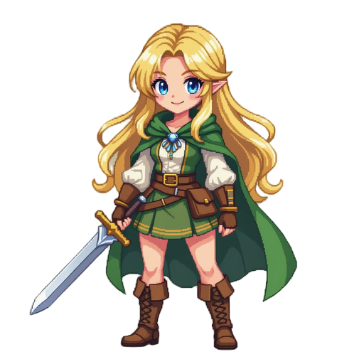 a pixelated digital illustration in 16-bit retro video game style of a blonde anime girl with long hair and blue eyes, wearing simple fantasy village clothes like a blouse, vest, skirt, boots, and a green cloak. she is holding a regular sword and smiling 
