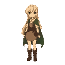 a pixelated digital illustration in 16-bit retro video game style of a blonde anime girl with long hair and blue eyes, wearing simple fantasy village clothes like a blouse, vest, skirt, boots, and a green cloak.