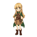 a pixelated digital illustration in 16-bit retro video game style of a blonde anime girl with long hair and blue eyes, wearing simple fantasy village clothes like a blouse, vest, skirt, boots, and a green cloak.