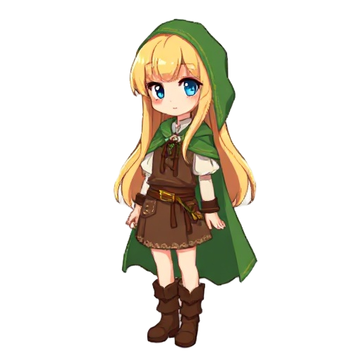 a pixelated low resolution illustration in 16-bit retro video game style of a blonde anime girl with long hair and blue eyes, wearing simple fantasy village clothes like a blouse, vest, skirt, boots, and a green cloak