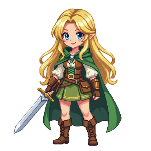 a pixelated digital illustration in 16-bit retro video game style of a blonde anime girl with long hair and blue eyes, wearing simple fantasy village clothes like a blouse, vest, skirt, boots, and a green cloak. she is holding a regular sword and smiling 