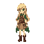 a pixelated digital illustration in 16-bit retro video game style of a blonde anime girl with long hair and blue eyes, wearing simple fantasy village clothes like a blouse, vest, skirt, boots, and a green cloak.