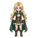 a pixelated digital illustration in 16-bit video game style of a blonde anime girl with long hair and blue eyes, wearing simple fantasy village clothes like a blouse, vest, skirt, boots, and a green cloak.