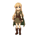 a pixelated digital illustration in 16-bit retro video game style of a blonde anime girl with long hair and blue eyes, wearing simple fantasy village clothes like a blouse, vest, skirt, boots, and a green cloak.