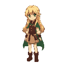 a pixelated digital illustration in 16-bit retro video game style of a blonde anime girl with long hair and blue eyes, wearing simple fantasy village clothes like a blouse, vest, skirt, boots, and a green cloak.