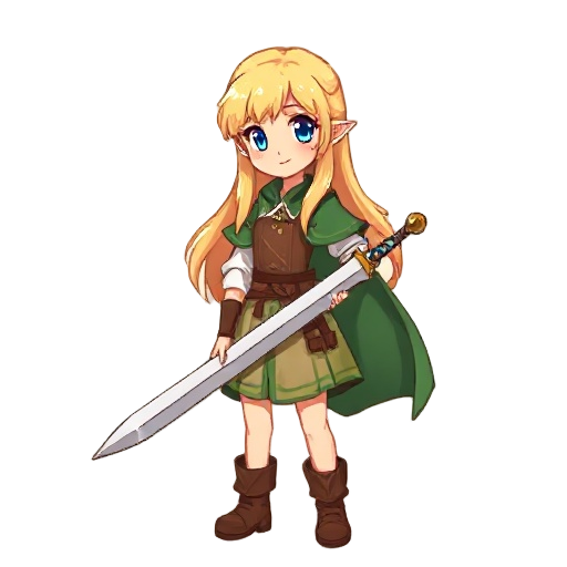 a pixelated digital illustration in 16-bit retro video game style of a blonde anime girl with long hair and blue eyes, wearing simple fantasy village clothes like a blouse, vest, skirt, boots, and a green cloak. she is holding a regular sword and smiling 