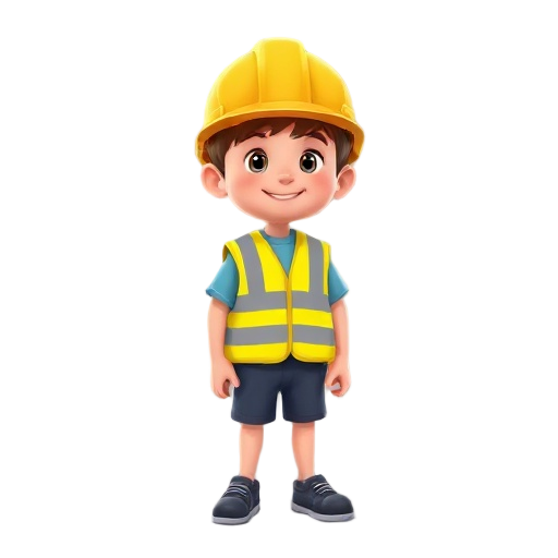 a boy with yellow hardhelmet, yellow safety vest, dark blue shorts