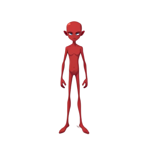 red thin man standing, with long legs and arms