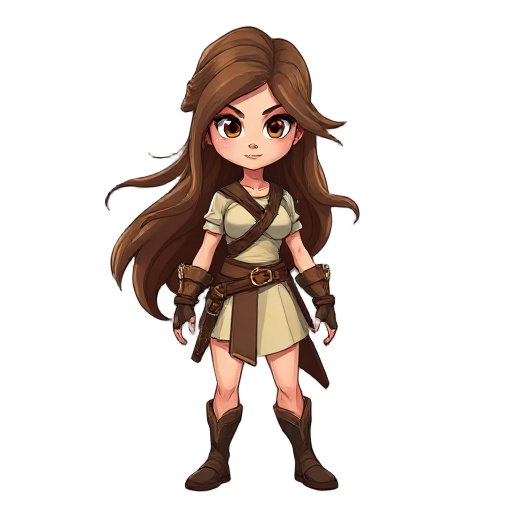a semi-realistic full-body female warrior with long, wavy brown hair in motion. she has large cartoon-style eyes, giving an expressive yet serious look. she wears a short, form-fitting tunic made of l