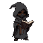 african mage in hooded grey robes with shadowy face holding a spell book 