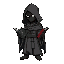 african mage in hooded grey robes with shadowy face holding a spell book at his side