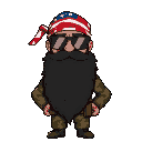 man with big black beard, wearing bushy forest guile camo suit with american flag as bandana on head, wearing sun glasses