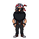 man with big black beard and bushy forest guile suit with american flag as bandana on head, wearing sun glasses