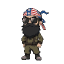 man with big black beard, wearing bushy forest guile camo suit with american flag as bandana on head, wearing sun glasses in pokemon soul silver chibi art