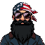 man with big black beard and bushy forest guile suit with american flag as bandana on head, wearing sun glasses