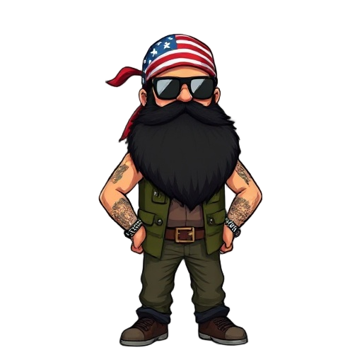 man with big black beard and bushy forest guile suit with american flag as bandana on head, wearing sun glasses
