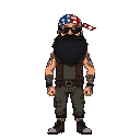 man with big black beard, wearing bushy forest guile suit with american flag as bandana on head, wearing sun glasses
