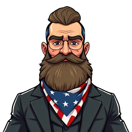 man with big beard and guile suit with american flag as bandana