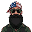 man with big black beard and forest guile suit with american flag as bandana on head, wearing sun glasses