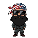 man with big black beard and bushy forest guile suit with american flag as bandana on head, wearing sun glasses, chibi art