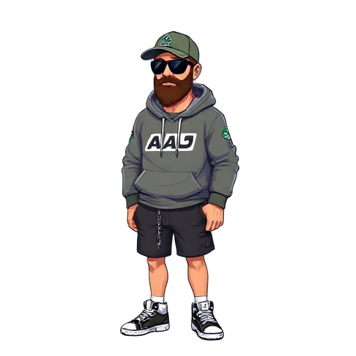 a 40-year-old bearded man wearing sunglasses and a military cap, an adidas hoodie, vans sneakers, and shorts with a dangling chain, in an 8-bit 90s video game style on a white background.