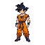 an image of goku from the dragon ball series in a pixel art style. the character should be in a combat pose, wearing an orange martial arts uniform with a blue shirt, belt, wristbands, and boots. goku