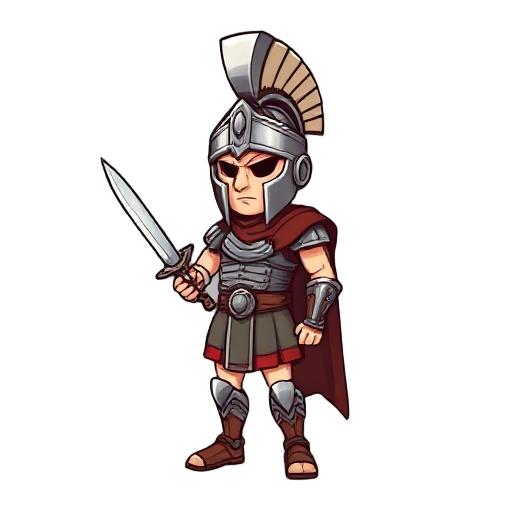 thracian gladiator detailed helmet with high crest and curved sword  armored greaves short tunic no background static sprite, retro roman 
