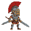 thracian gladiator detailed helmet with high crest and curved sword  armored greaves short tunic no background static sprite, retro roman 