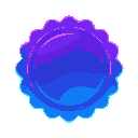 a glowing blue scalloped badge with soft purple and pink inner glow, set against a transparent background. decorative and abstract, with a wavy circular shape