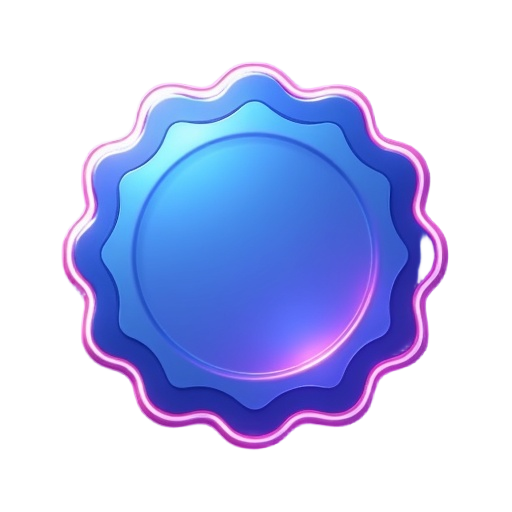 a glowing blue scalloped badge with soft purple and pink inner glow, set against a transparent background. decorative and abstract, with a wavy circular shape