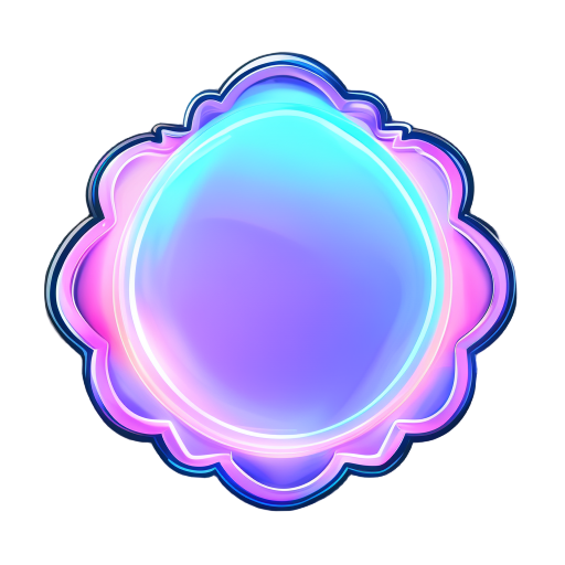 a glowing blue scalloped badge with soft purple and pink inner glow, set against a transparent background. decorative and abstract, with a wavy circular shape