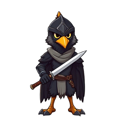 cuervo guerrero con un craneo de cuervo como casco con una espada clavada en el suelo negro como su cuerpo y espada pero el craneo color hueso