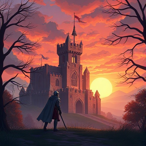 a knight looking at a castle at dawn after a big battle