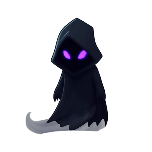 a shadowy, mysterious ghost with a smoky, indistinct body. the figure is cloaked in a dark, hooded silhouette made of thick, swirling mist. its glowing violet eyes shine through the darkness, giving i