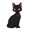  sleek black cat wearing a small crescent moon pendant, with glowing golden eyes, sitting elegantly. the cat is surrounded by faint, mystical symbols in a minimal style, all on a clean white backgroun