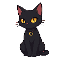  sleek black cat wearing a small crescent moon pendant, with glowing golden eyes, sitting elegantly. the cat is surrounded by faint, mystical symbols in a minimal style, hd