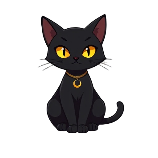  sleek black cat wearing a small crescent moon pendant, with glowing golden eyes, sitting elegantly. the cat is surrounded by faint, mystical symbols in a minimal style, all on a clean white backgroun