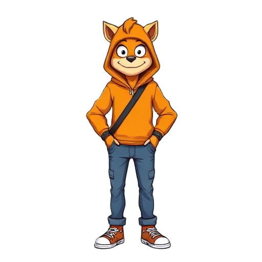humano com moletom laranja usando a touca do moletom, de calça jeans e tenis, e sempre com as maos no bolso do moletom que esta no centro inferior 