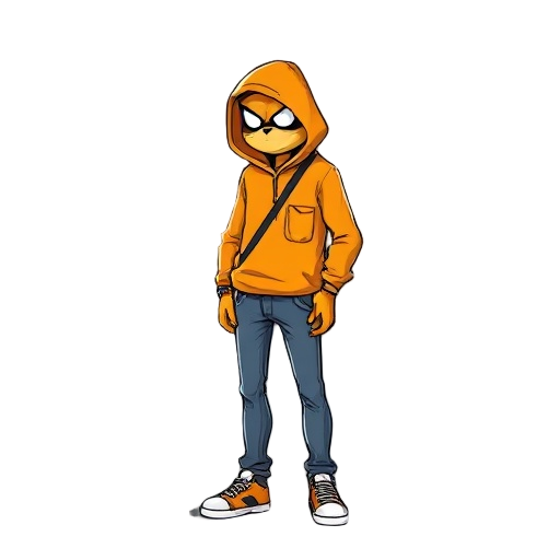 humano com moletom laranja usando a touca do moletom e escondendo o rosto com as sombras da touca, de calça jeans e tenis, e sempre com as maos no bolso do moletom que esta no centro inferior 