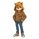 personagem com moletom laranja usando a touca do moletom e escondendo o rosto com as sombras da touca, de calça jeans e tenis, e sempre com as maos no bolso do moletom que esta no centro inferior 
