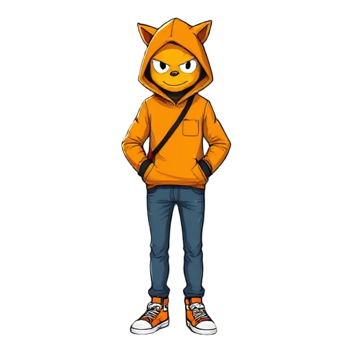 humano com moletom laranja usando a touca do moletom e escondendo o rosto com as sombras da touca, de calça jeans e tenis, e sempre com as maos no bolso do moletom que esta no centro inferior 