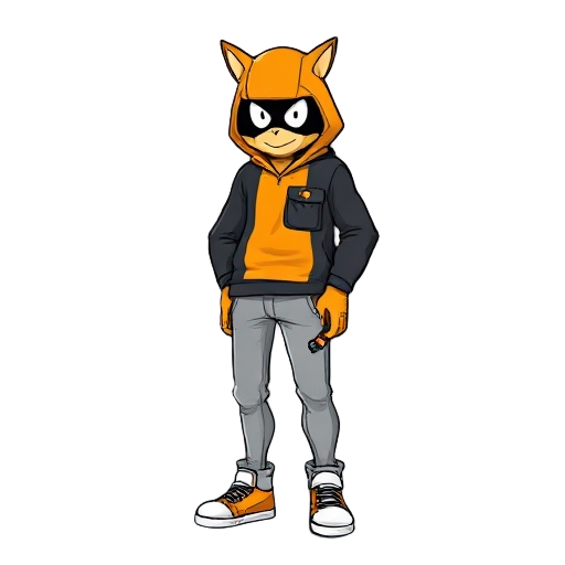 humano com moletom laranja usando a touca do moletom, de calça jeans e tenis, e sempre com as maos no bolso do moletom que esta no centro inferior, tem que ser um humano normal