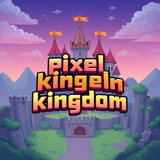 create a game title art with "pixel kingdom" text and a kingdom background