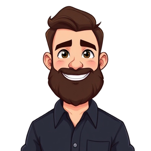based on a young man with fair skin, a full, well-defined beard, short, slightly wavy hair, dressed in a dark button-down shirt. the face should be rounded, with striking eyebrows and a friendly expression