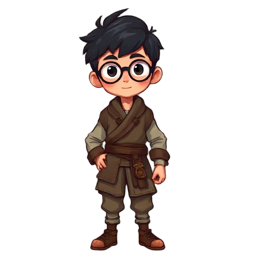 young male character, with light brown skin, short black hair, round glasses, wearing rustic peasant clothes with subtle magical details. he is a cute countryside mage