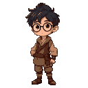 young male character, bielzin, with light brown skin, short black hair, round glasses, wearing rustic peasant clothes with subtle magical details. he is a cute countryside mage.