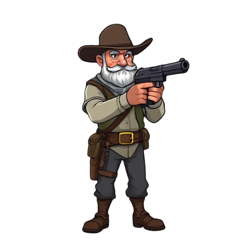 velho carteiro segurando uma pistola.
