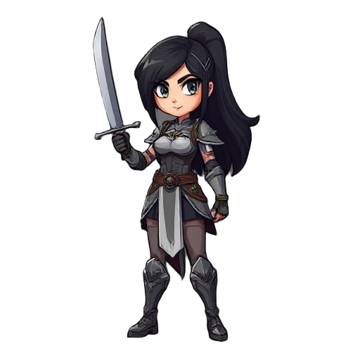uma de cabelo preto  mulher de armadura com uma espada 
