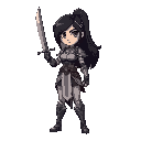 uma de cabelo preto  mulher de armadura com uma espada 